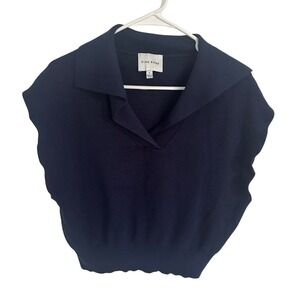 Pink Rose Knit Top Sleeveless Collared Ribbed Sweater Navy Blue L